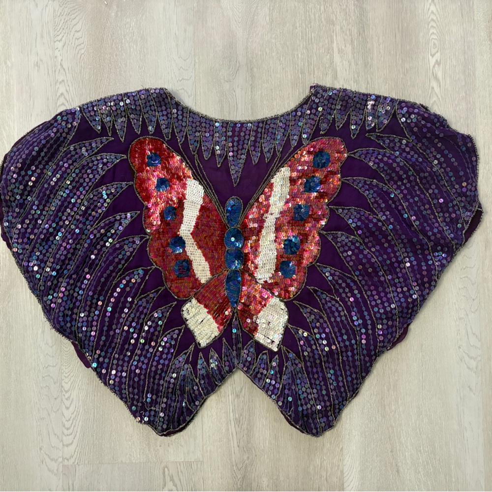 Vintage Purple Sequin Flutter Sleeve Blouse